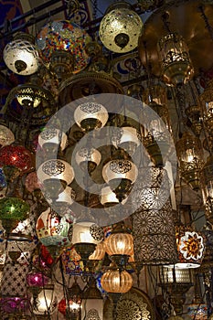 Sale of traditional colored lamps in the Estambul Market photo
